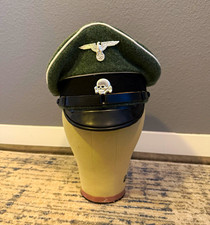 German WWII SS Officer Peaked Visor Cap Green w/ Eagle & Skull Insignia picture