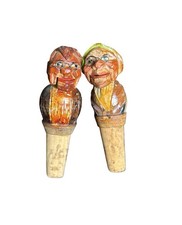 2 VTG Brevettato Anri Wood Hand Carved Mechanical Bottle Corks Old Couple Italy picture