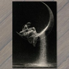 POSTCARD Crescent Moon Woman Pouring Stardust Night Sky Black White Fantasy picture