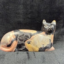 Cat Mexican Tonala Style Pottery Figurine Hand Painted Floral Folk Art 7” VTG picture