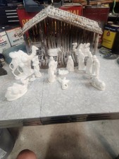 Vintage Nativety Set of 15 Ceramic Pieces Wood Shelter Is Homemade Christmas picture