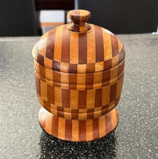 Wood Lidded Jar Hand Turned Segmented Vintage Checkerboard Trinket Box Keepsake picture