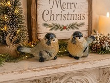 2 Vintage Style Chickadee Bird Figurines Glitter Dusted Snowy Birds Resin Statue picture