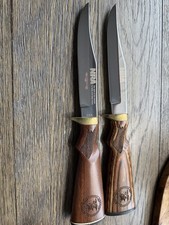 NRA USA Fixed Blade Hunting Knife Pair Gunstock Handles Leather Cases Mint picture