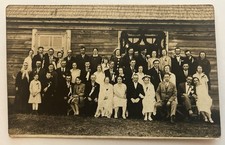 Antique RPPC Large Wedding Party Group Portrait Outside Log Building Real Photo picture