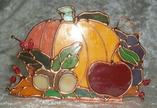 Vintage Ganz Stained Glass Autumn Apple Pumpkin Tealight Votive Candle Holder picture