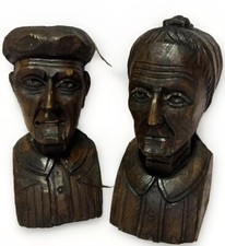 J. Alberdi Handmade Hand Carved Wood Busts Mid-Century Carving Old Man & Woman picture