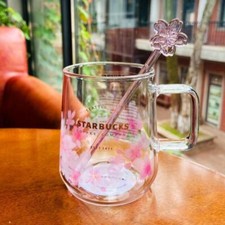 2023 Starbucks Pink Sakura & Purple Cherry Glass Coffee Mug Cup w/Stick picture