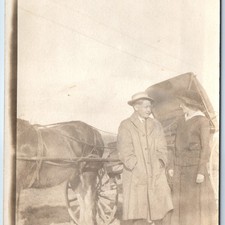 c1910s Outdoor Man & Woman RPPC Horse Carriage Farm Buggy Trenchcoat Photo PC picture