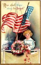 Clapsaddle Memorial Day PC Sailor Dressed Boy Dropping Flowers From Ship Flag picture