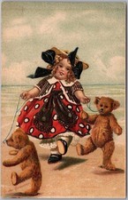 c1910s Artist-Signed M. GREINER Embossed Postcard Girl w/ Teddy Bears / Beach picture