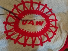 Vintage Gray and Red Handmade Hand Knitted UAW Union Blanket 90