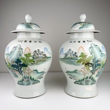 Pair Chinese Republic Period Covered Temple Jars Famille Verte Landscape 19