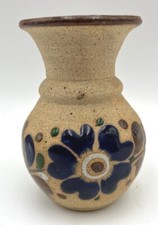 Mexican Tonala Pottery Vase Hand Painted Flowers Stoneware 5 1/4