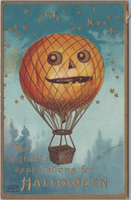 1909 Embossed Halloween Postcard Jack O Lantern Hot Air Balloon Printed Germany picture