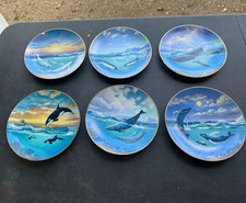 Set of 6 Dolphin Ocean Scene Collector Plates Blue with Gold Rim picture