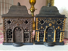 Pair (2) Cast Iron Building-Style Still Coin Banks picture