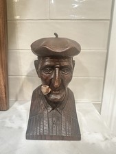Vintage J. Alberdi Hand-Carved Wood Bust – Basque Old Man with Pipe picture