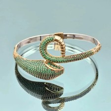 Emerald Green Gemstone 14K Two-Tone Gold Over Animal Snake Figure Cuff Bangle picture