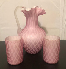 Antique Victorian Diamond Quilted Pink Satin Glass Ruffled Pitcher/Tumblers Set picture