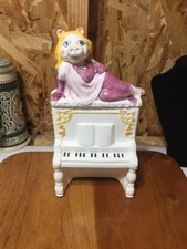VTG Miss Piggy On Top Of Piano Trinket Holder CRACKED LID Ceramic Jewelry Box picture