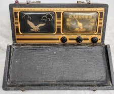1940s Majestic Mighty Monarch of the Air Portable Tube Radio Art Deco Wood Black picture