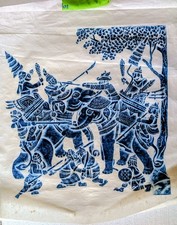 Genuine Cambodian Angkor Wat Blue Temple Rubbing ELEPHANT WAR rice paper 18x18 picture