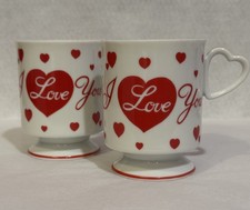 2 VTG “I Love You” Red Hearts White Porcelain Footed Tea Cups/ Mugs Heart Handle picture