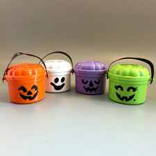 Lot of 4 Mini Halloween Plastic Pumpkin Pails/Buckets w/ Handles Orange White picture