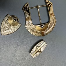 Vintage Montana Silversmiths 3 PC Ranger Belt Buckle Set Tri-Color Horseshoe picture