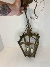 VTG 1930s Hollywood Regency Ornate Baroque Lantern Style Brass Pendant Ceiling picture