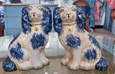 Pair: Blue, White Hand Painted Porcelain Reproduction Staffordshire Dogs-6”H picture