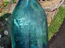1965 THATCHERS DAIRY Aqua BLUE 1qt MILK BOTTLE w COW Image PATENT 1884 picture