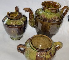 Vintage Chocolate Green Drip Glaze Art Pottery 3 piece Set Raised Flowers picture