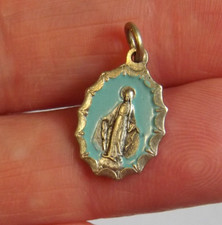 Silver tone blue enamel ornate Miraculous Virgin Mary charm pendant medal Italy picture