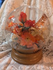 Vtg 1970s/80s Orange Artificial Roses & Flowers In Glass Dome Display, Wood Base picture