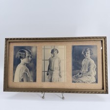 Antique 1925 Art Deco Girl Portrait Photos Triptych Ripple Wood Frame 16