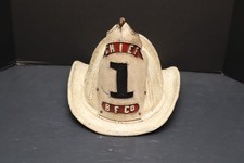 Antique HIGH EAGLE FIREMANS CAIRNS FIRE HELMET CHIEF BADGE MSA Vintage Leather picture