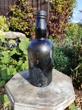 ANTIQUE 1800s BLACK RIPPLED GLASS BOTTLE From The Isle Of Wight  picture