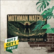 Cryptid Mothman Creature Silhouette Night Woods Decor Plaque Metal Tin Sign picture