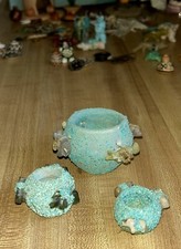 ZUNI TRIBAL Miniature HANDMADE TURQUOISE COVRD FETISH POTTERY SET/3 -GREAT FIND picture