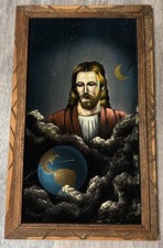 Vintage Jesus Watching World Wood Framed Art - Religious Black Velvet Painting picture