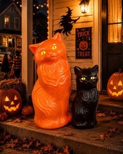 Blow  Mold Plastic Halloween Black Orange Cats Bank Scary Yellow Eyes PAIR picture