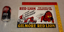 VINTAGE GILMORE RED LION RECORD BREAKER GASOLINE +RACE CAR ENAMEL METAL OIL SIGN picture
