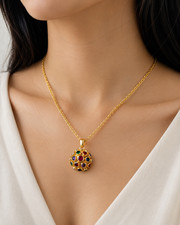 Bezel Set Multi-Gemstone Necklace Pendant 18K Yellow Gold Plated picture
