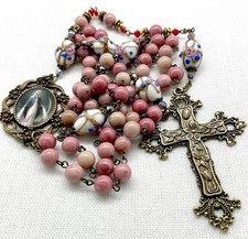 Rosary Immaculate Mary Rhodonite Beads Victorian Gothic Starburst Cross Antiqued picture