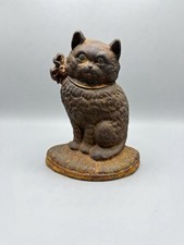 Antique 1930s Cast Iron Sitting Cat Doorstop Figurine Ribbon Bow Cushion Base⁠ picture