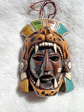 Vintage Aztec Mayan Jaguar Warrior Mask Hand Carved Wood Mexican Folk Art Decor picture