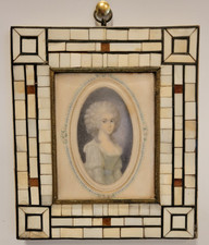 Antique Miniature Portrait of Woman & Decorative Mosaic Bone Tile Picture Frame picture