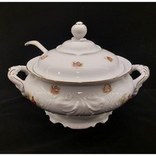 Vintage Wawel Poland Porcelain Soup Tureen Set with Lid Ladle Gold Trim China picture
